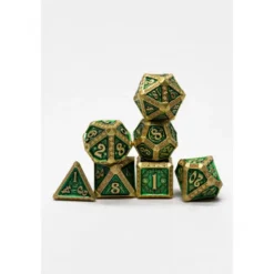 Pack 7 Dados Rol Metálicos D&D Arcano Oro Verde