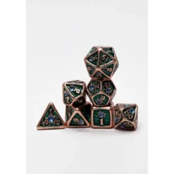 Pack 7 Dados Rol Metálicos D&D Verdes Oscuro con Gema Zafiro